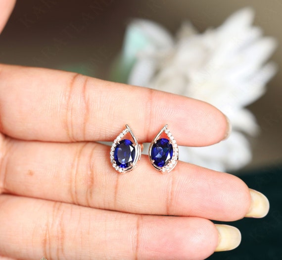 Oval Blue Sapphire Stud Earrings: 14K Rose Gold Plated, Moissanite