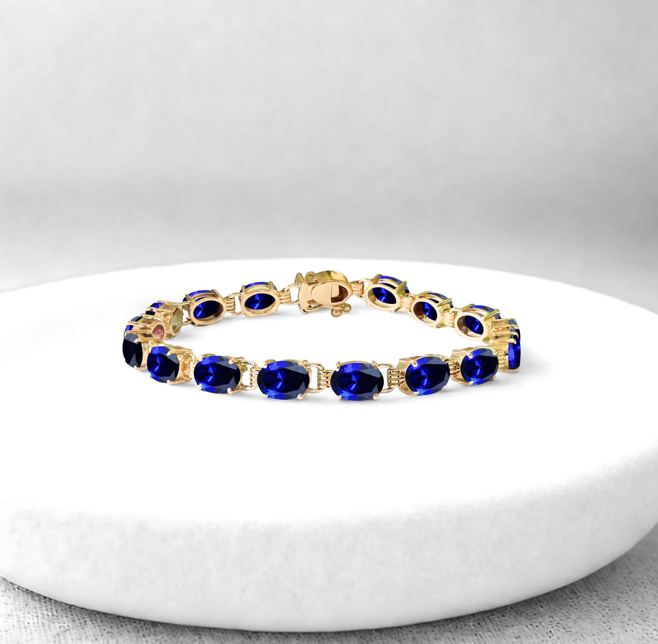 Blue Sapphire Tennis Bracelet: Sterling Silver, 14K Yellow Gold