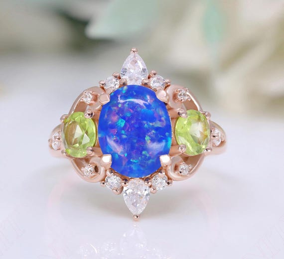 Oval Blue Opal Engagement Ring: Rose Gold Sterling Silver, Peridot