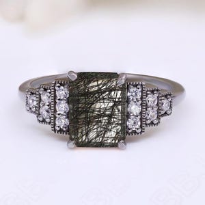 Octagon Rutilated Black Quartz Gemstone Black Rhodium 925 Silver Engagement Bridal 14K Gold Wedding Anniversary Ring Bride&#39;s Maid Rings