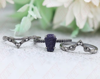 Coffin 10.00X7.00mm Sandstone Gemstone 925 Silver Engagement Ring Bridal 14K Gold Wedding Coffin Blue Sandstone Ring Black Rhodium Rings