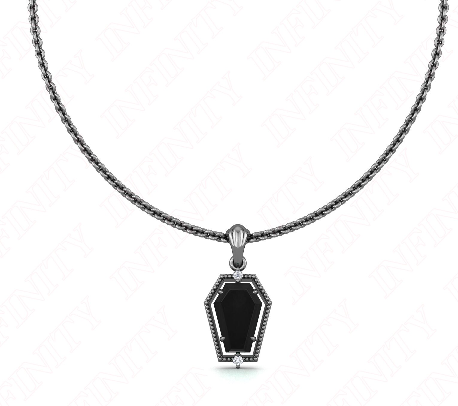 Black Onyx Coffin Pendant Necklace, Sterling Silver Art Deco