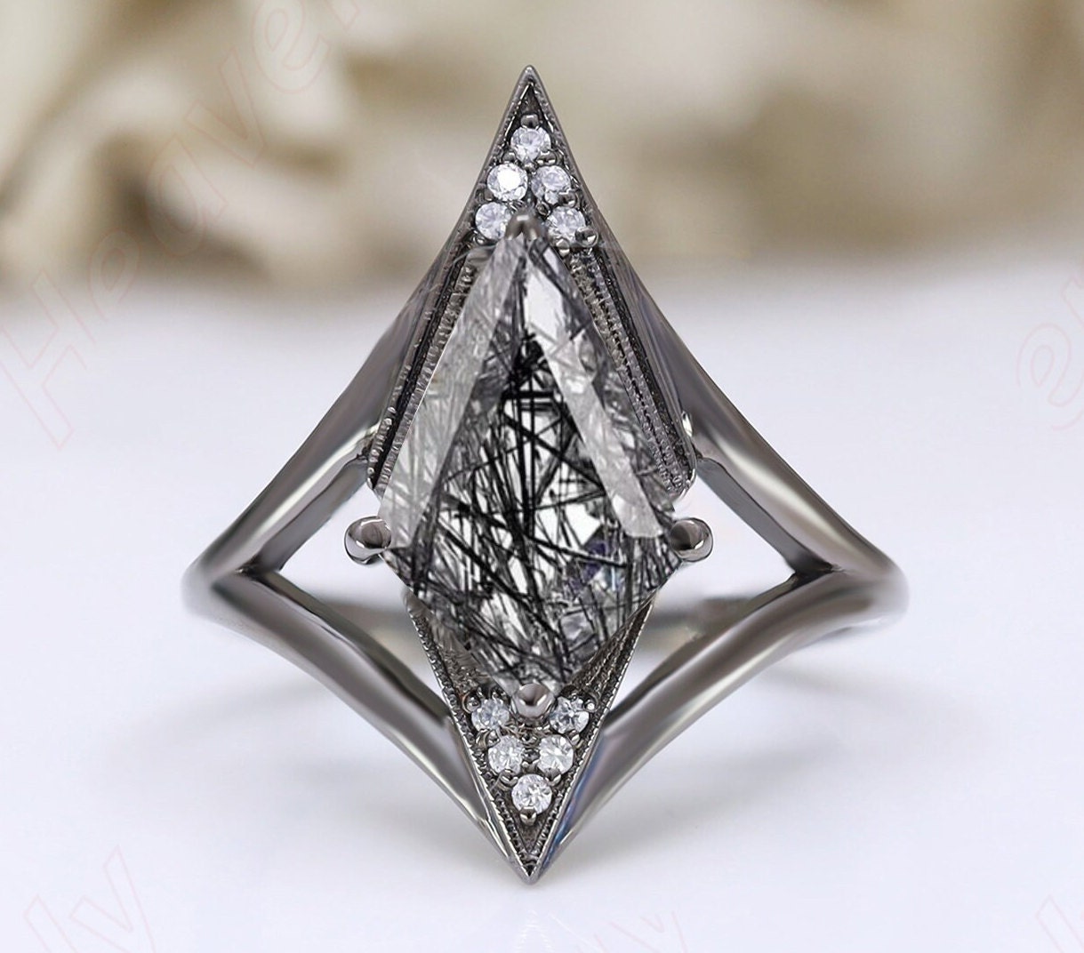 Kite 12.00X8.00mm Rutilated Black Quartz Gemstone Black Rhodium 925 Silver Engagement Bridal  Wedding Rings For Her Graduation Birthday Gift