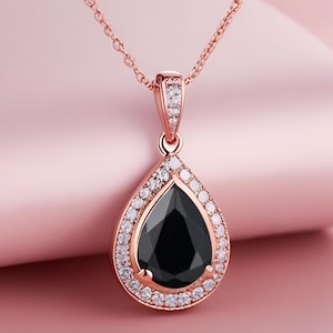 Pear Black Onyx Halo 925 Silver 14K Rose Gold Necklace Pendant With 18 Inch Cable Chain & Spring Lock Birthday Anniversary Gift Pendant