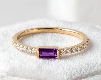 Baguette Amethyst Ring: 14K Gold, Moissanite Accents, Wedding Engagement Dainty Band