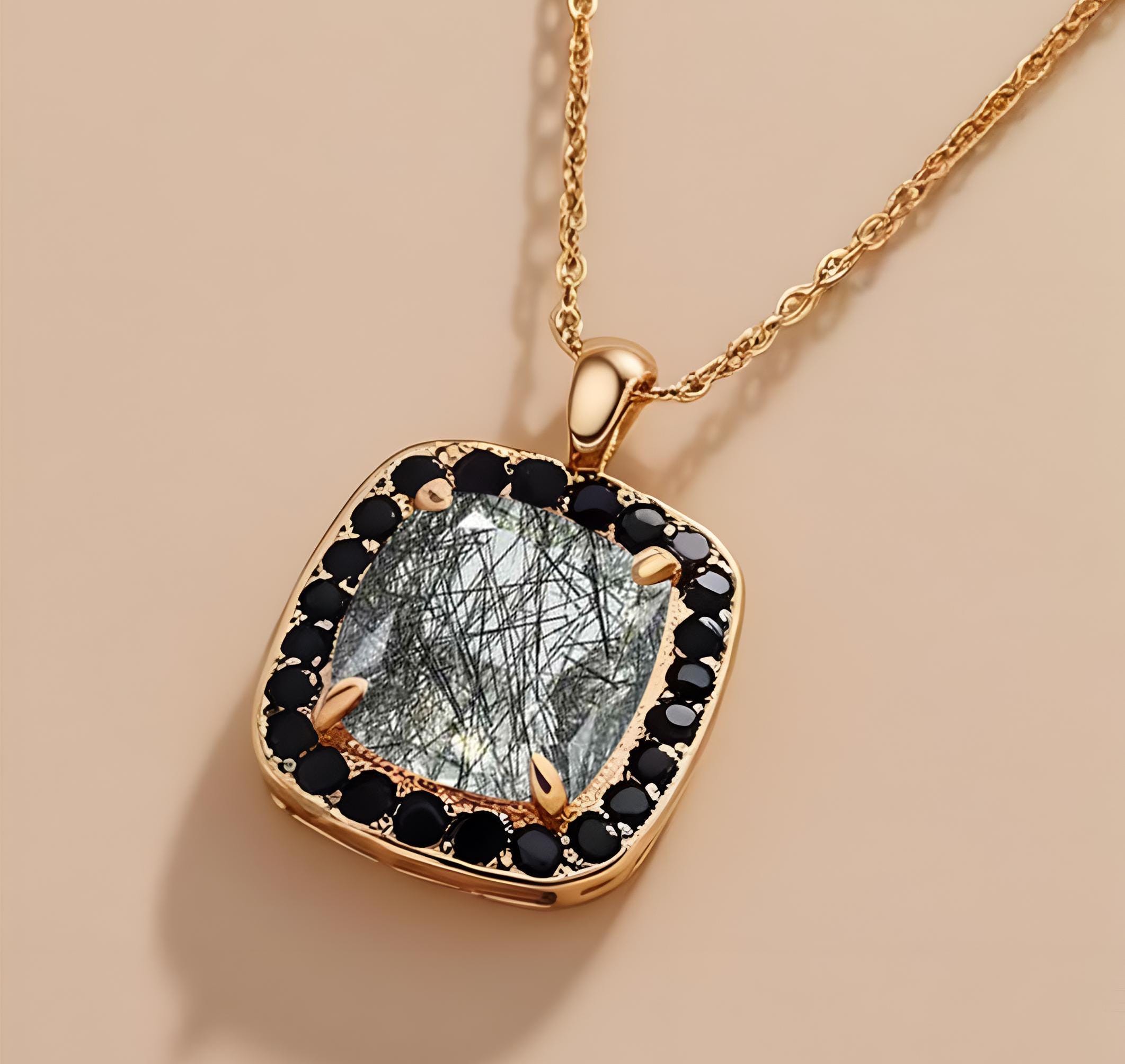 Black Rutile Halo Pendant: 925 Silver, 14K Gold, Black Spinal