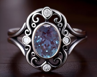 Anillo de compromiso Art Déco de alejandrita: plata de ley con rodio negro y detalles de moissanita.