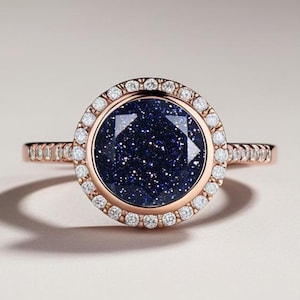 925 Silver 14K Rose Gold Blue Sandstone Engagement Ring Wedding Ring Bridal Ring Promise Ring Statement Ring Anniversary Birthday Gift