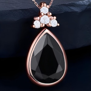 Pear Black Onyx Necklace: 14K Rose Gold & 925 Silver