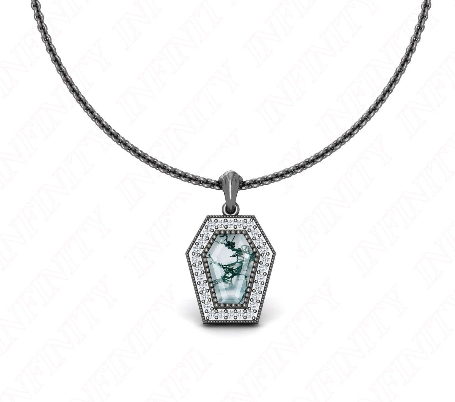 Sterling Silver Black Rhodium Coffin Moss Agate Cable Chain Sterling Silver Black Rhodium Coffin Moss Agate Cable Chain