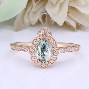 Pear Moss Agate Engagement Ring: Rose Gold Plated Sterling Silver