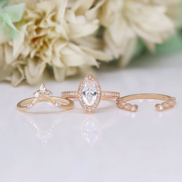 10.00X5.00mm Moissanite Halo Engagement Ring Set For Her 14K 18K Gold Marquise Wedding Bridal Ring Set Anniversary Birthday Gift For Her