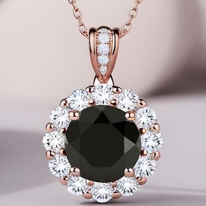 Black Onyx Halo Pendant: 925 Silver, 14K Rose Gold, Moissanite Accents
