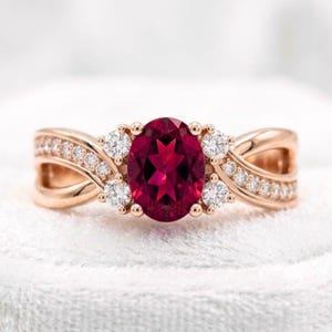 Oval Ruby Ring with Moissanite Accents, 14K Rose Gold Plated Silver Infinity Band, Engagement Ring, July Birthstone