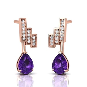 Amethyst Stud Earrings: 14K Rose Gold Plated, Moissanite Accents