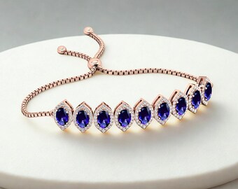 Blue Sapphire & Moissanite Sterling Silver Rose Gold Plated Slider Bracelet