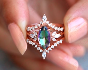Mystic Topaz Marquise Ring Set: Rose Gold Plated Sterling Silver Bridal Rings
