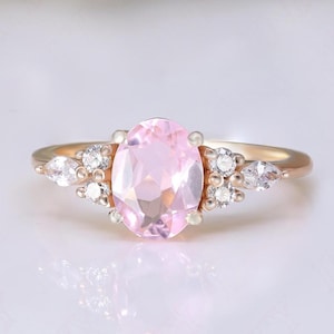Oval Pink Morganite 14K Rose Gold Plated 925 Silver Engagement Ring Bridal Ring Wedding Ring For Her Dainty Ring Birthday Gift For Love