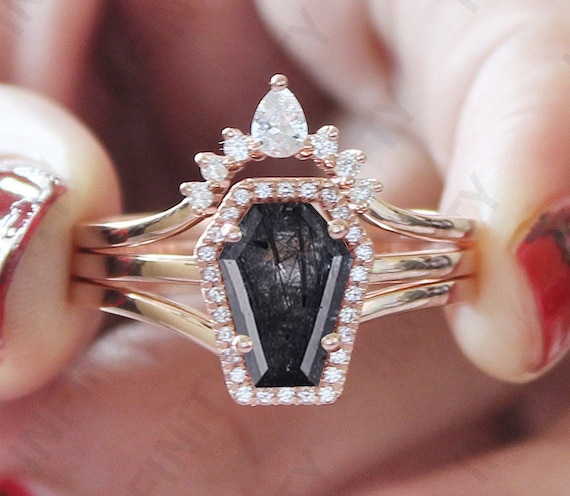 Coffin Black Quartz Engagement Ring Set: Moissanite 925 Silver Bridal