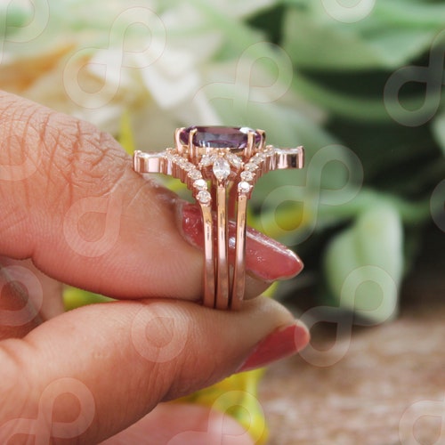 2.25 ctw Marquise Cut 10.00X5.00 mm Rose Gold Plated Alexandrite Silver Engagement Rings Set Bridal Rings Set For Her Wedding shops Rings Set