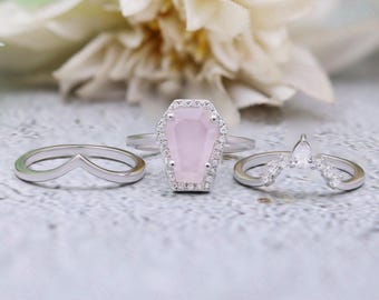 Coffin 10.00X7.00mm Rose Quartz Gemstone 14K Rose Gold Plated 925 Silver Engagement Ring Set Bridal 14K Gold Wedding Coffin Quartz Ring Set