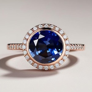 Rund 8.00 mm 14K Rose Gold 925 Silber Blauer Saphir Verlobungsring Brautring Ehering Versprechensring Statement Ring Halo Ring