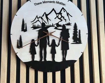 Personalized Family Silhouette Clock, Handmade Wooden Mountain Decor