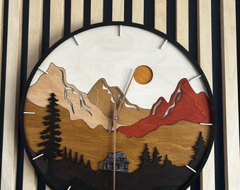 Layered Wood Mountain Cabin Clock, Handmade Nature Wall Art, Rustic Home Decor