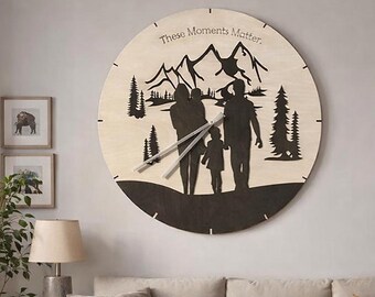 Handmade Wooden Family Clock, Mountain Silhouette, Personalized Home Decor