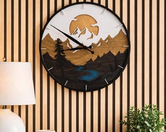 Layered Wood Mountain Wall Clock, Handmade Nature Art, Cabin Decor