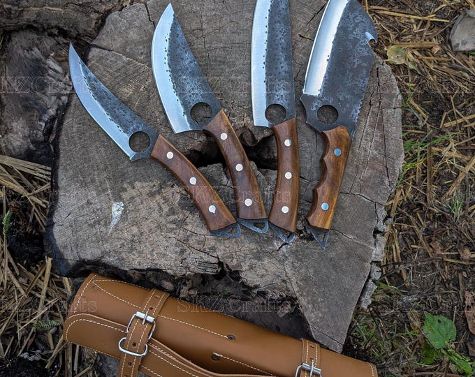 Hand Forged Chef Knife Set with Leather Roll, High Carbon Steel & Rose Wood Handles, Personalized Birthday Anniversary Thanksgiving Gifts