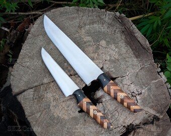 Par de cuchillos de chef artesanales: hoja de acero con alto contenido de carbono y mango de madera. Cuchillo de cocina personalizado. Regalos para cumpleaños, aniversarios y San Valentín.
