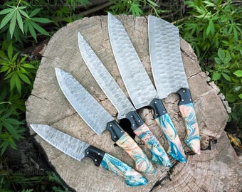 Custom Made Chef Knife Set, Damascus Steel Blade, Multi-Color Resin Handle Handmade Kitchen Cutlery, Thanksgiving Gifts For Men