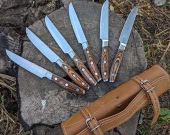 Personalized Steak Knife Set: Engraved Stainless Steel Pkka Wood Handle