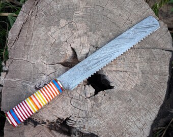 Damascus Steel Bread Knife, Serrated Sourdough Slicer with Unique Rainbow Resin Handle, Artisan Kitchen Gift, Thanksgiving Gifts For Him
