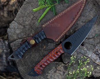 Cuchillo multiusos artesanal, hoja de acero de alto carbono con orificio para el dedo, herramienta para caza y acampada, regalo de Acción de Gracias.