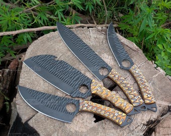 Hand Forged Chef Knife Set with Leather Roll, High Carbon Steel Coated Blades & Pakka Wood Handles, Personalized Father's day gifts