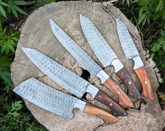 Forged Damascus Chef Set, Wooden Handle 5-Piece Kitchen Knives with Leather Roll, Anniversary Gift for Him, Mother's day gifts