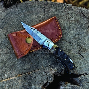 Ram Horn Handle Damascus Steel Pocket Knife Forged Folding Knives Anniversary Gifts Corporate Gifts Birthday Gifts Engraved Gifts For Hubby
