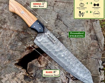 May include: A Damascus steel chef knife with an 8-inch blade and a 5-inch olive wood handle. The blade features a wavy pattern and is engraved with the text Best EVER 03.01.2012. A chart displays six different engraving options.