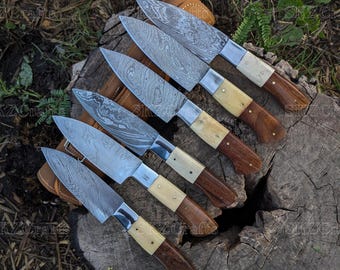 Handmade Damascus Steel Steak Knives Set: Wood & Bone Handle, Full Tang
