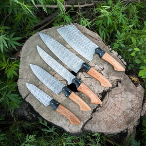 Handcrafted Damascus Steel Chef Knife Set: Pkka Wood Handle, Leather Sheath