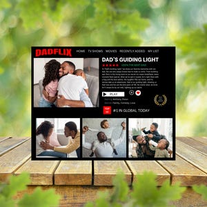 K&ouml;nnte beinhalten: Ein schwarzer Bildschirm zeigt den Text "DADFLIX" und "DAD'S GUIDING LIGHT". Das Bild zeigt eine Familie, die sich umarmt, mit kleineren Bildern darunter. Der Text enth&auml;lt "HOME", "TV SHOWS", "MOVIES", "RECENTLY ADDED", "MY LIST" und "#1 IN GLOBAL TODAY".