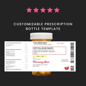Editable Prescription Bottle Label. Canva Pro Template. Party Favors.