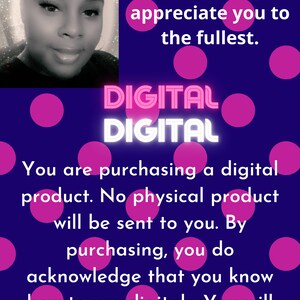 May include: A purple background with pink polka dots and the text "DIGITAL DIGITAL" in pink neon letters. The text below reads "You are purchasing a digital product. No physical product will be sent to you. By purchasing, you do acknowledge that you know how to use digitals. You will receive either a SVG, PDF, PNG, JPEG, or a combination."
