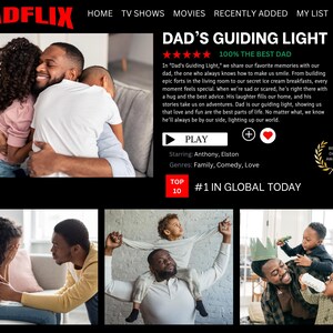 K&ouml;nnte beinhalten: Ein Screenshot von "DADFLIX" mit dem Titel "DAD'S GUIDING LIGHT" und einer umarmenden Familie. Das Bild enth&auml;lt den Text "100% THE BEST DAD" und "#1 IN GLOBAL TODAY". Die Genres sind Familie, Kom&ouml;die und Liebe.