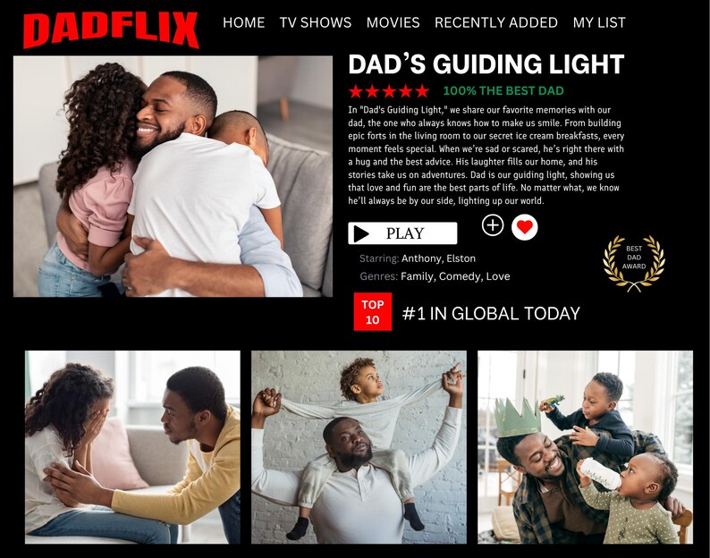 K&ouml;nnte beinhalten: Ein Screenshot von "DADFLIX" mit dem Titel "DAD'S GUIDING LIGHT" und einer umarmenden Familie. Das Bild enth&auml;lt den Text "100% THE BEST DAD" und "#1 IN GLOBAL TODAY". Die Genres sind Familie, Kom&ouml;die und Liebe.