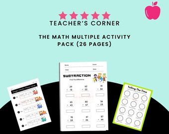 May include: A set of printable worksheets for teaching math skills. The worksheets include activities for telling time, place value, and subtraction. The worksheets are designed for children in elementary school.