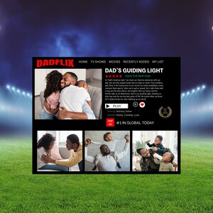 K&ouml;nnte beinhalten: Ein schwarzer Bildschirm zeigt den Text "DADFLIX" und den Titel "DAD'S GUIDING LIGHT". Das Bild enth&auml;lt Familienfotos und eine Play-Schaltfl&auml;che. Der Hintergrund ist ein gr&uuml;nes Feld mit Stadionlichtern.