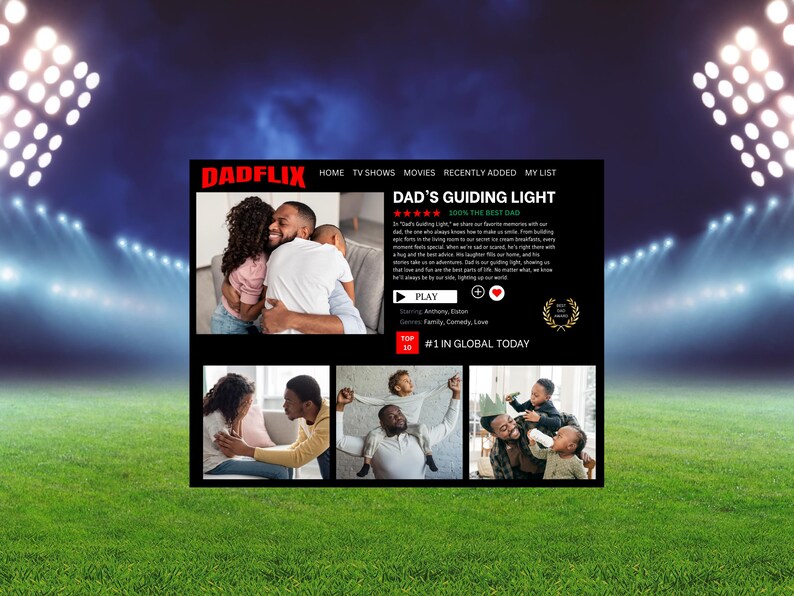K&ouml;nnte beinhalten: Ein schwarzer Bildschirm zeigt den Text "DADFLIX" und den Titel "DAD'S GUIDING LIGHT". Das Bild enth&auml;lt Familienfotos und eine Play-Schaltfl&auml;che. Der Hintergrund ist ein gr&uuml;nes Feld mit Stadionlichtern.